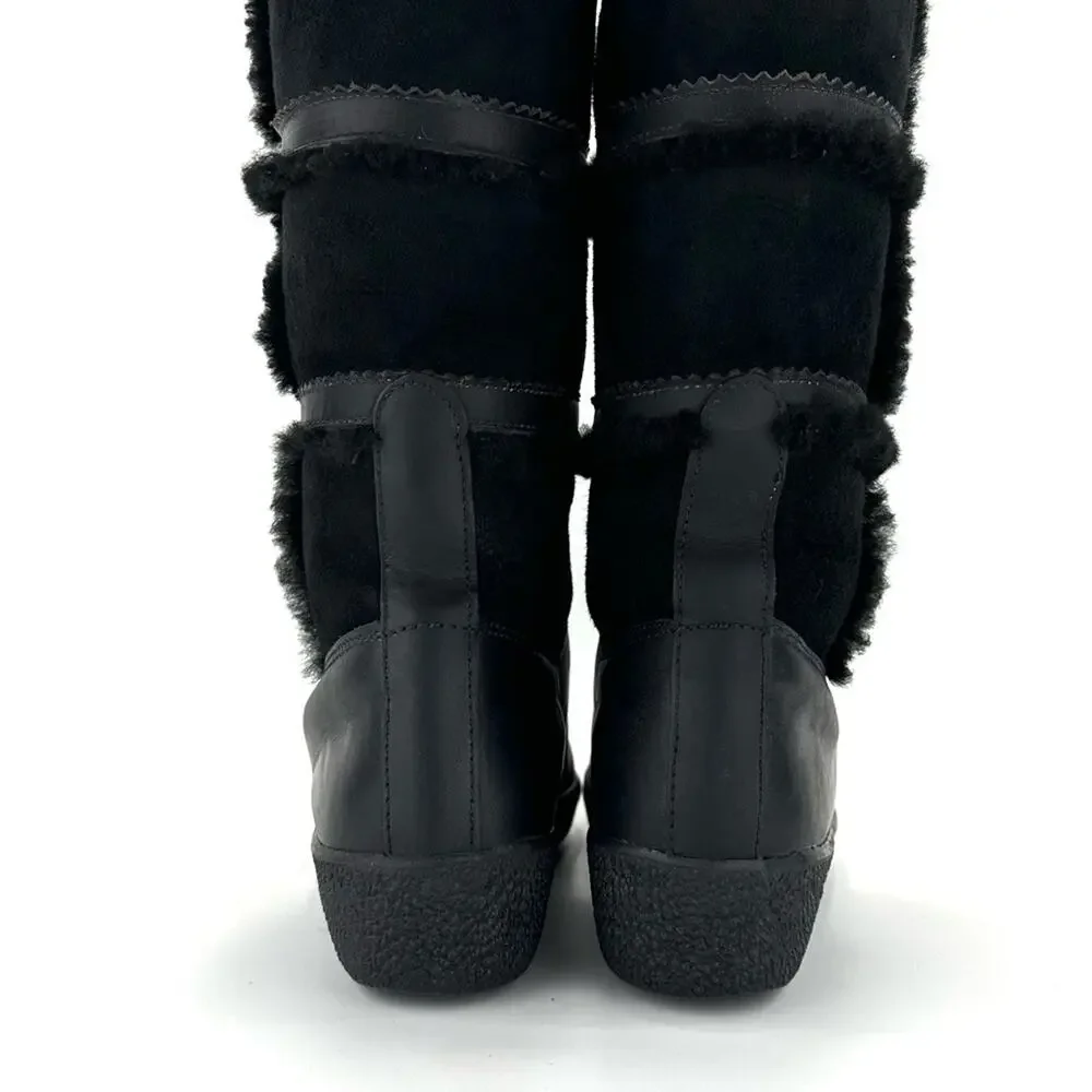 Dival Italy Elisa Black Winter Boot Sz 8 Leather Wool Lining Low Wedge Mid-Calf